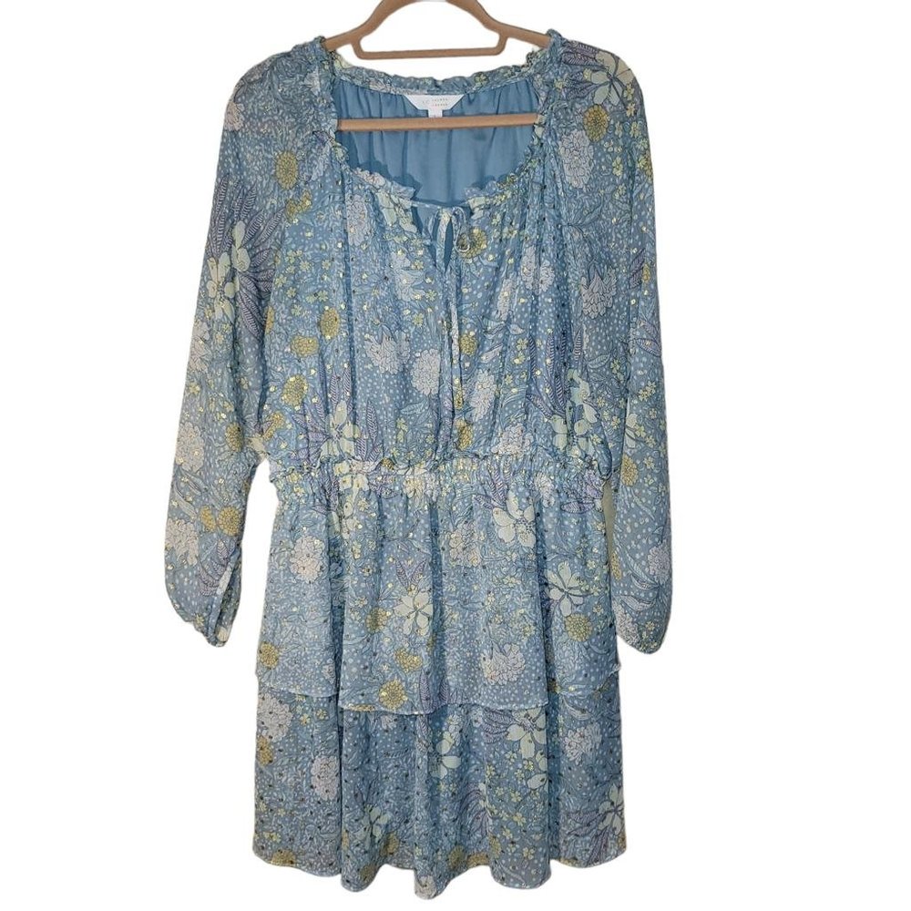 LC Lauren Conrad Blue Gold Floral Metallic Tiered Long Sleeve Dress Women Size L